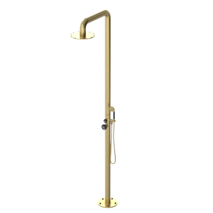 Rubinet Pressure Balance Outdoor Shower with Hand Held Shower & 10" Shower Head - 304 Stainless Steel Satin Gold