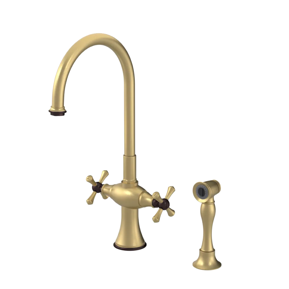Rubinet Two Handle Single Hole Kitchen Set with Hand Spray Satin Brass