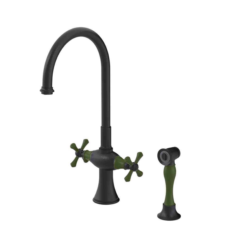 Rubinet Two Handle Single Hole Kitchen Set with Hand Spray Matt Black