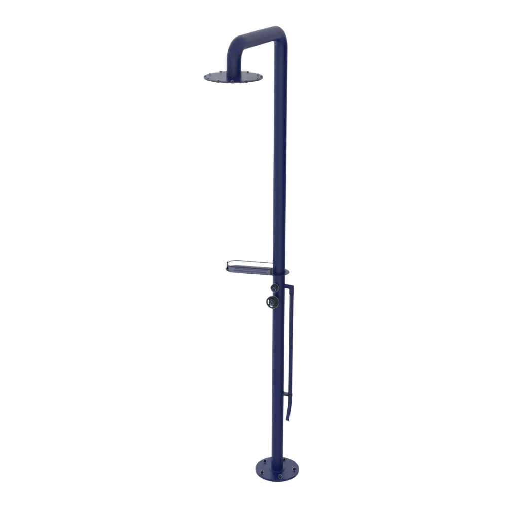 Rubinet Pressure Balance Outdoor Shower with Foot Rinse & 10" Shower Head (with shelf) - 304 Stainless Steel Midnight Blue