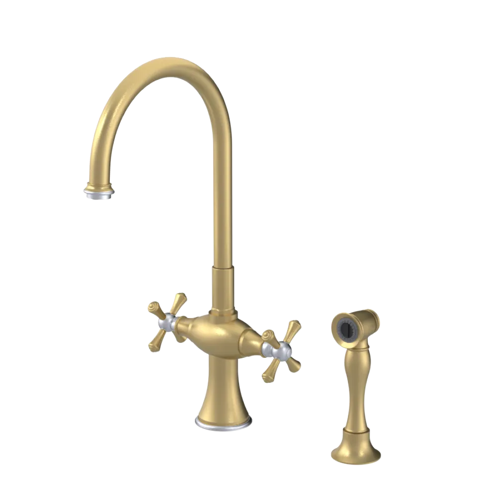 Rubinet Two Handle Single Hole Kitchen Set with Hand Spray Satin Brass
