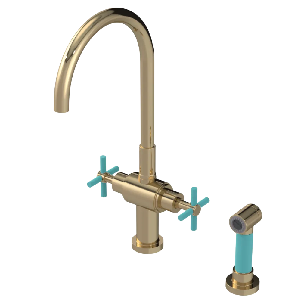 Rubinet Two Handle Single Hole Kitchen Set with LaSalle Spout with Hand Spray Gold