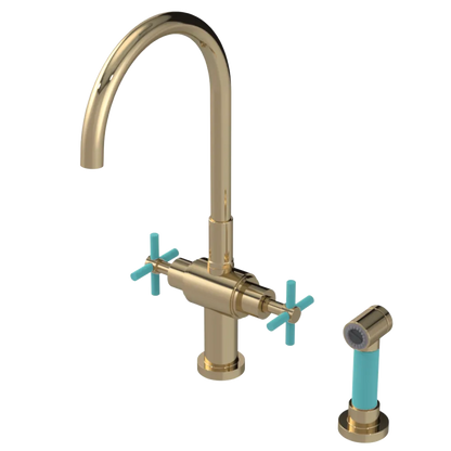 Rubinet Two Handle Single Hole Kitchen Set with LaSalle Spout with Hand Spray Gold