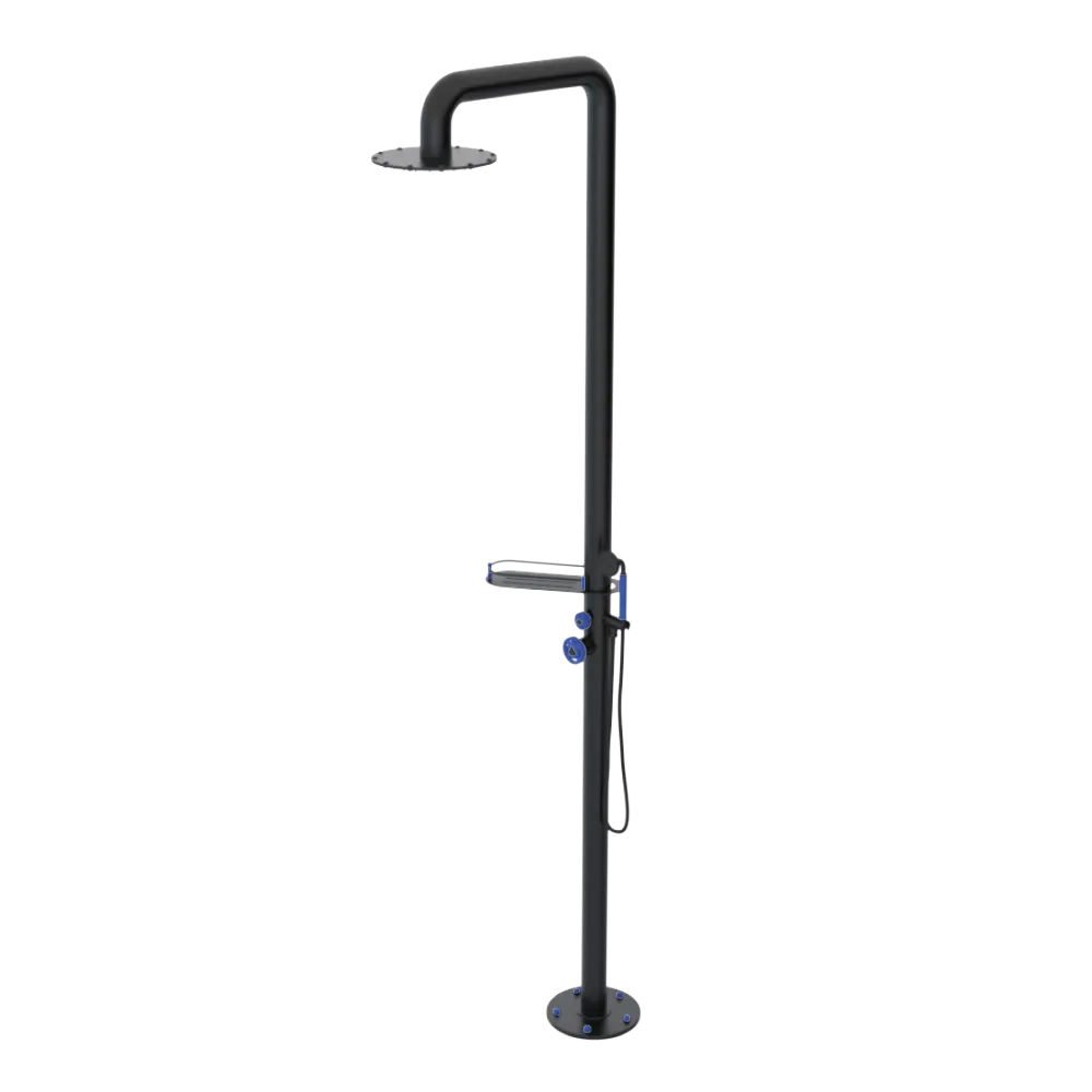Rubinet Pressure Balance Outdoor Shower with Hand Held Shower & 10" Shower Head (with shelf) - 304 Stainless Steel Matt Black