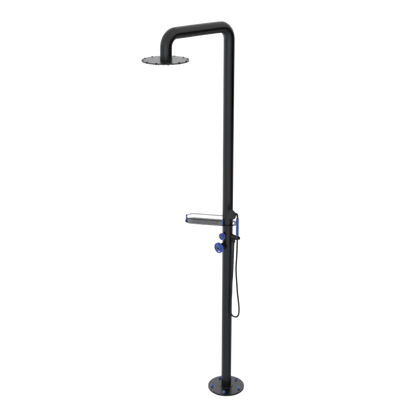 Rubinet Pressure Balance Outdoor Shower with Hand Held Shower & 10" Shower Head (with shelf) - 304 Stainless Steel Matt Black