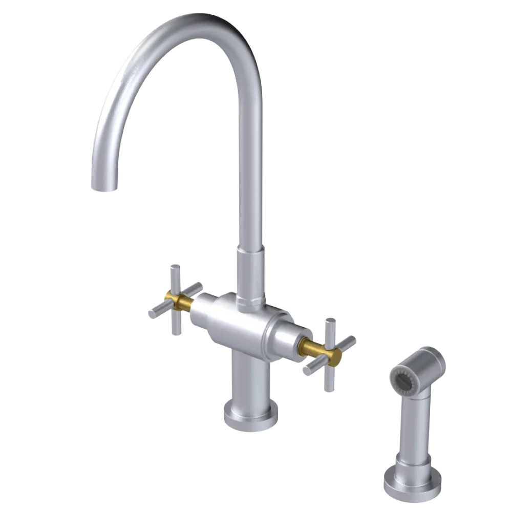 Rubinet Two Handle Single Hole Kitchen Set with LaSalle Spout with Hand Spray Satin Chrome