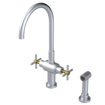 Rubinet Two Handle Single Hole Kitchen Set with LaSalle Spout with Hand Spray Satin Chrome