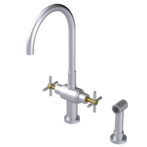 Rubinet Two Handle Single Hole Kitchen Set with LaSalle Spout with Hand Spray Satin Chrome