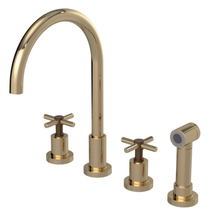 Rubinet Widespread Kitchen Set with LaSalle Spout with Hand Spray Gold