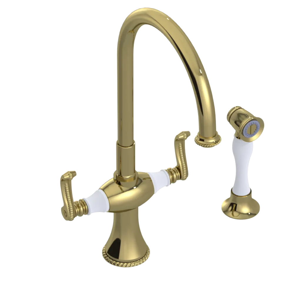 Rubinet Two Handle Single Hole Kitchen Set with Hand Spray Natural Brass