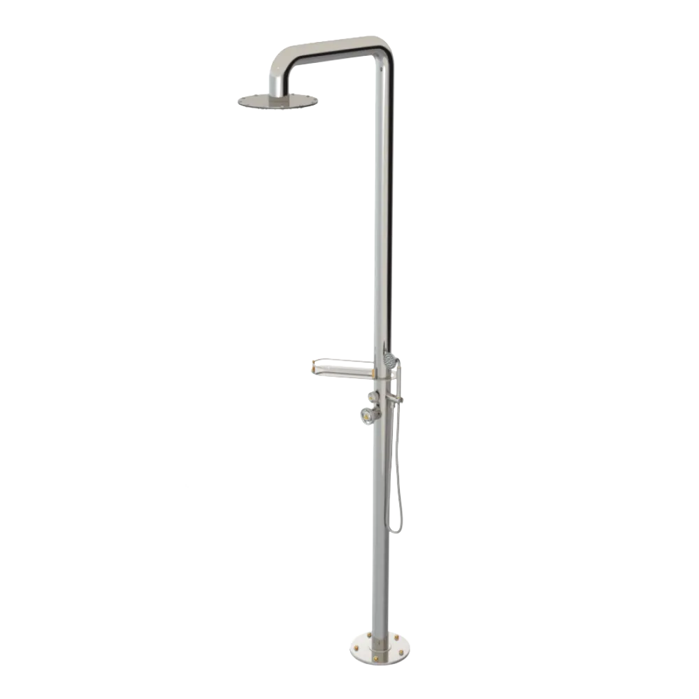 Rubinet Pressure Balance Outdoor Shower with Hand Held Shower & 10" Shower Head (with shelf) - 304 Stainless Steel Polished Nickel