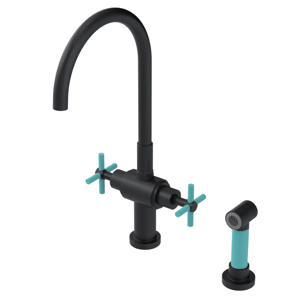 Rubinet Two Handle Single Hole Kitchen Set with LaSalle Spout with Hand Spray Matt Black