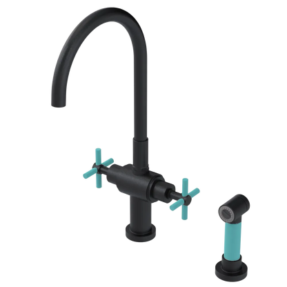 Rubinet Two Handle Single Hole Kitchen Set with LaSalle Spout with Hand Spray Matt Black