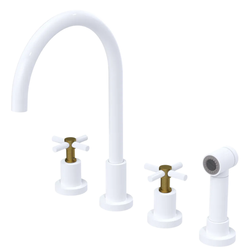 Rubinet Widespread Kitchen Set with LaSalle Spout with Hand Spray White