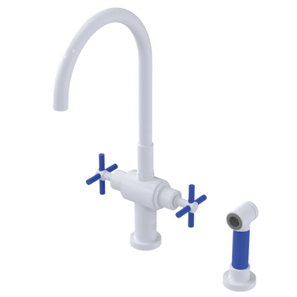 Rubinet Two Handle Single Hole Kitchen Set with LaSalle Spout with Hand Spray White