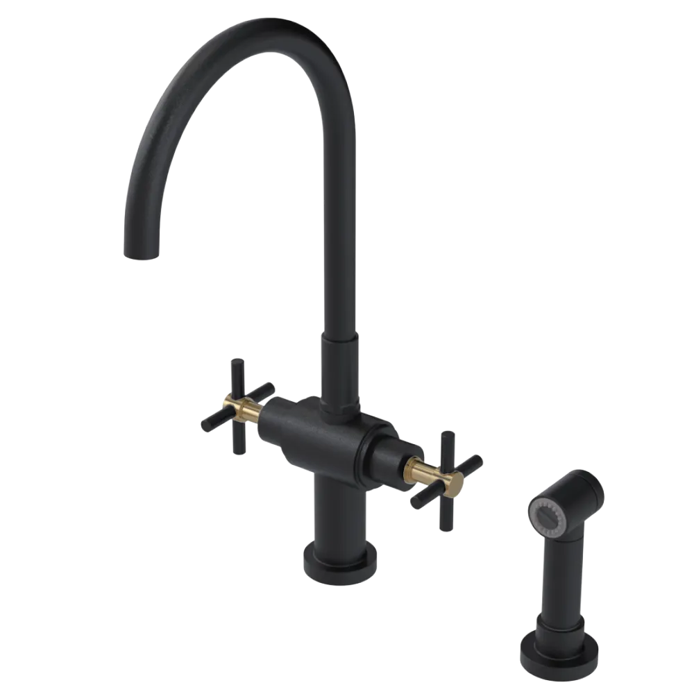 Rubinet Two Handle Single Hole Kitchen Set with LaSalle Spout with Hand Spray Matt Black