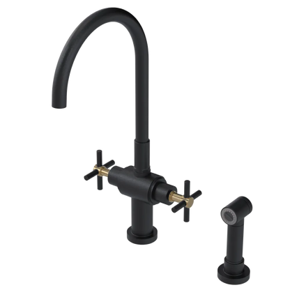 Rubinet Two Handle Single Hole Kitchen Set with LaSalle Spout with Hand Spray Matt Black