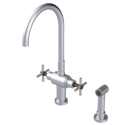 Rubinet Two Handle Single Hole Kitchen Set with LaSalle Spout with Hand Spray Satin Chrome