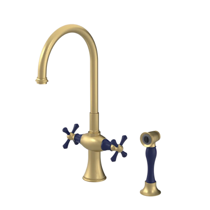 Rubinet Two Handle Single Hole Kitchen Set with Hand Spray Satin Brass