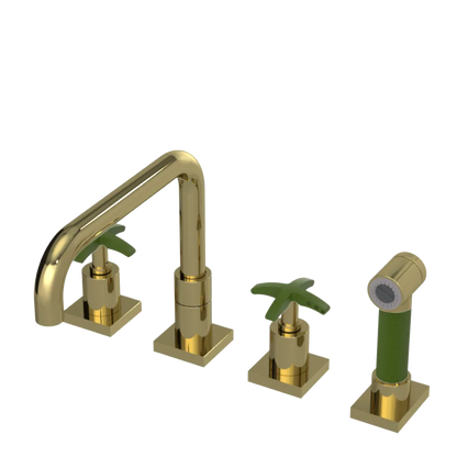 Rubinet Widespread Kitchen Set with Genesis Spout with Hand Spray Natural Brass