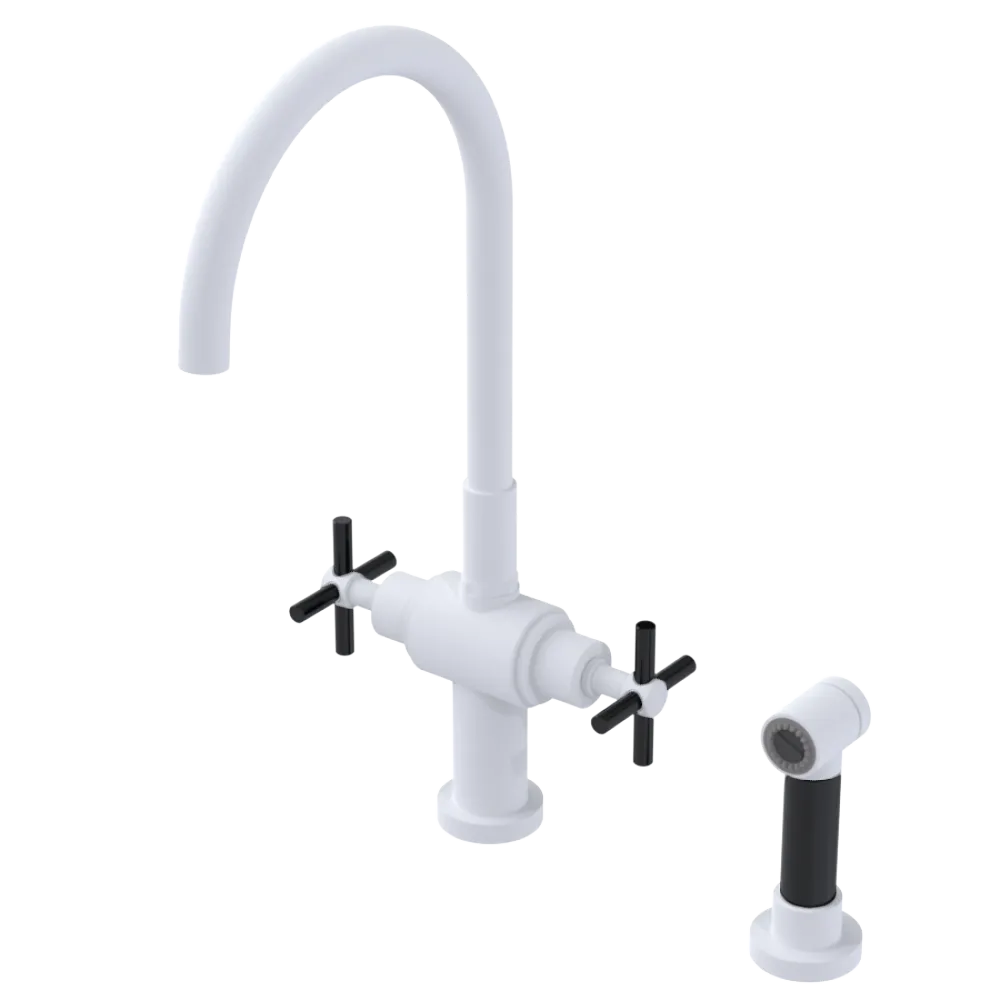 Rubinet Two Handle Single Hole Kitchen Set with LaSalle Spout with Hand Spray Matt White