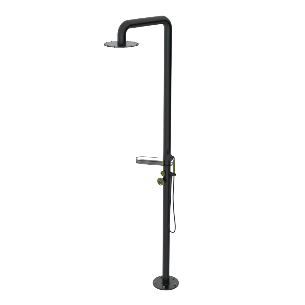 Rubinet Pressure Balance Outdoor Shower with Hand Held Shower & 10" Shower Head (with shelf) - 304 Stainless Steel Matt Black