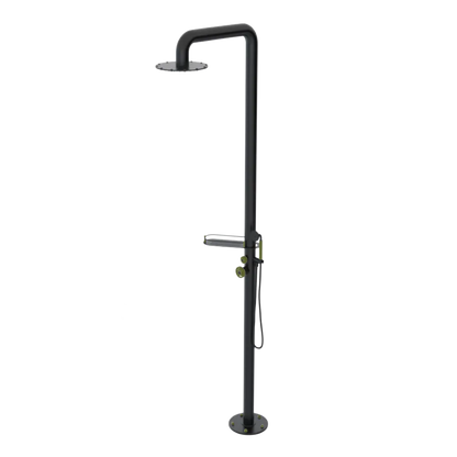 Rubinet Pressure Balance Outdoor Shower with Hand Held Shower & 10" Shower Head (with shelf) - 304 Stainless Steel Matt Black