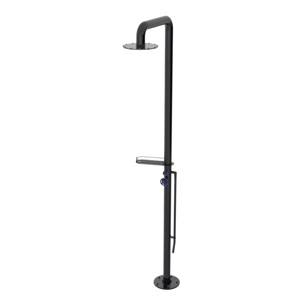 Rubinet Pressure Balance Outdoor Shower with Foot Rinse & 10" Shower Head (with shelf) - 304 Stainless Steel Black