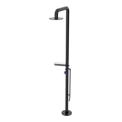 Rubinet Pressure Balance Outdoor Shower with Foot Rinse & 10" Shower Head (with shelf) - 304 Stainless Steel Black
