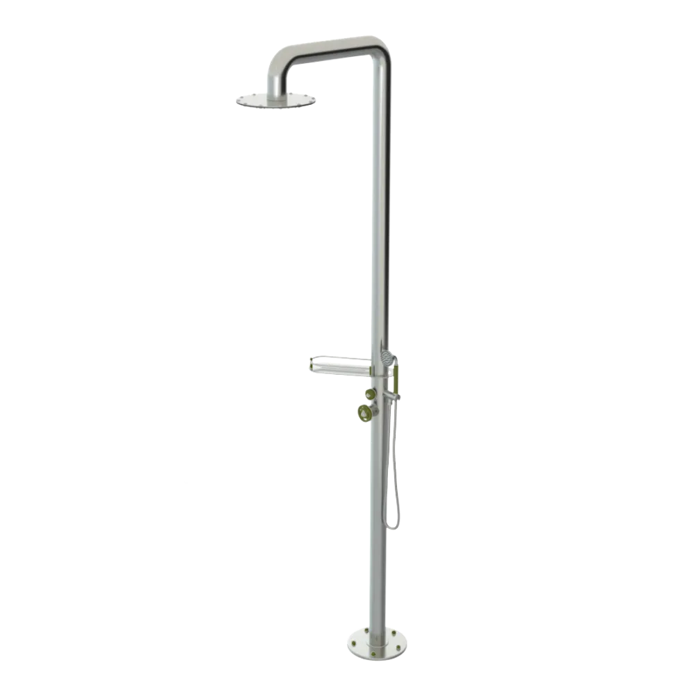 Rubinet Pressure Balance Outdoor Shower with Hand Held Shower & 10" Shower Head (with shelf) - 304 Stainless Steel Satin Nickel