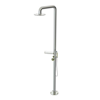 Rubinet Pressure Balance Outdoor Shower with Hand Held Shower & 10" Shower Head (with shelf) - 304 Stainless Steel Satin Nickel