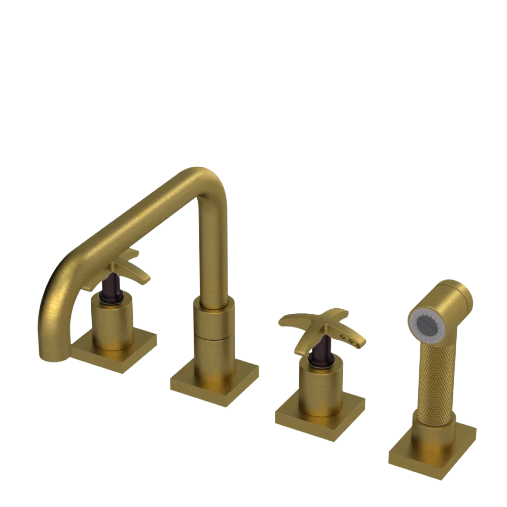 Rubinet Widespread Kitchen Set with Genesis Spout with Hand Spray Antique Brass Matt