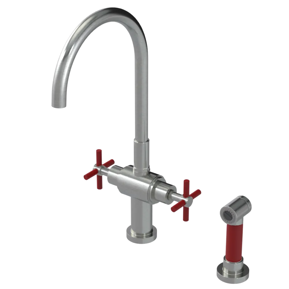 Rubinet Two Handle Single Hole Kitchen Set with LaSalle Spout with Hand Spray Satin Nickel