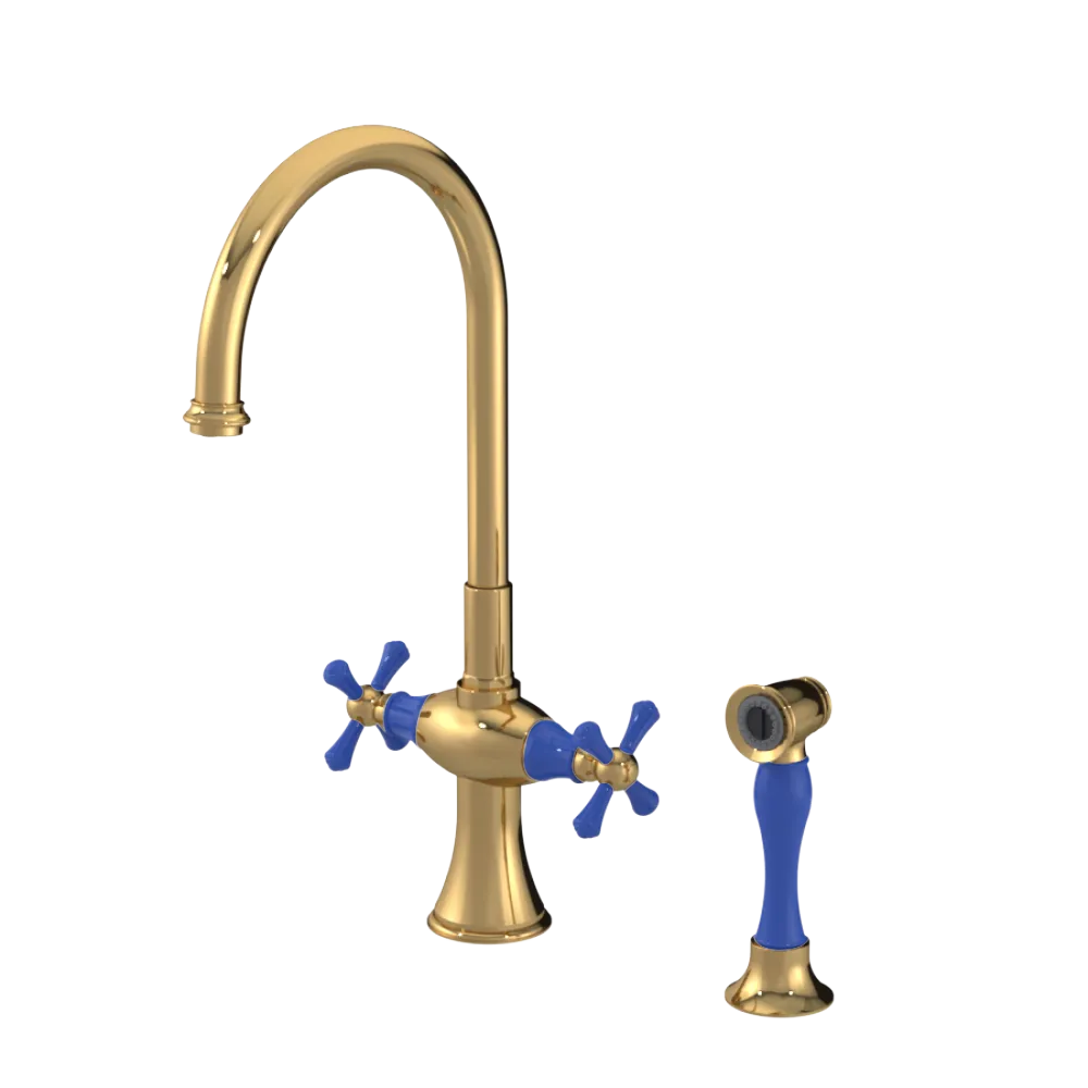 Rubinet Two Handle Single Hole Kitchen Set with Hand Spray Gold