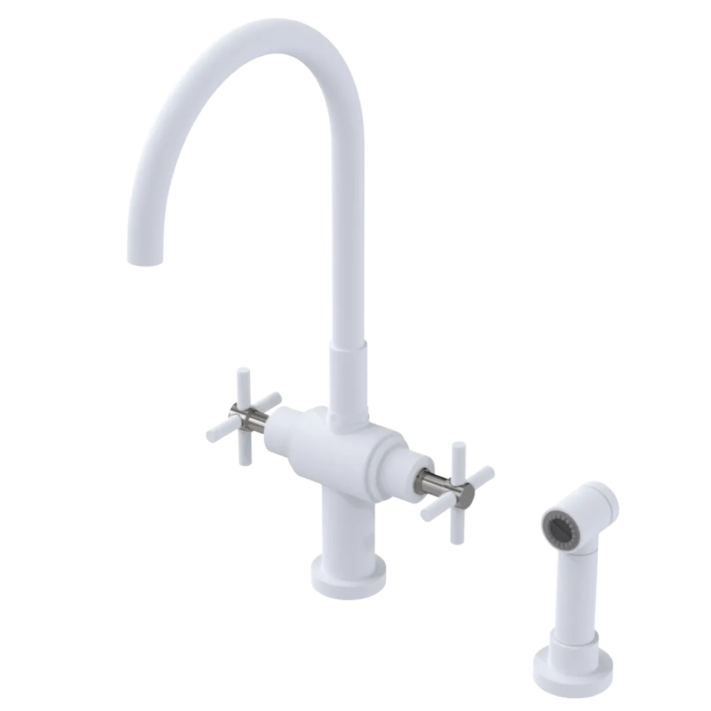 Rubinet Two Handle Single Hole Kitchen Set with LaSalle Spout with Hand Spray Matt White