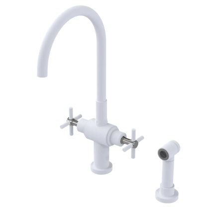 Rubinet Two Handle Single Hole Kitchen Set with LaSalle Spout with Hand Spray Matt White