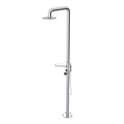 Rubinet Pressure Balance Outdoor Shower with Hand Held Shower & 10" Shower Head (with shelf) - 304 Stainless Steel Chrome