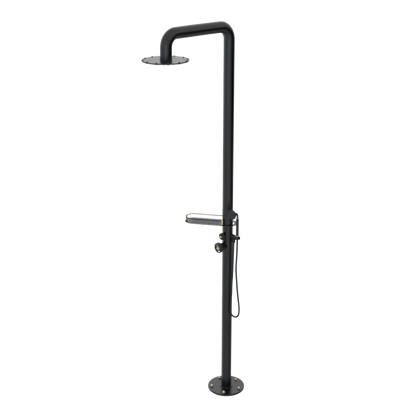 Rubinet Pressure Balance Outdoor Shower with Hand Held Shower & 10" Shower Head (with shelf) - 304 Stainless Steel Matt Black