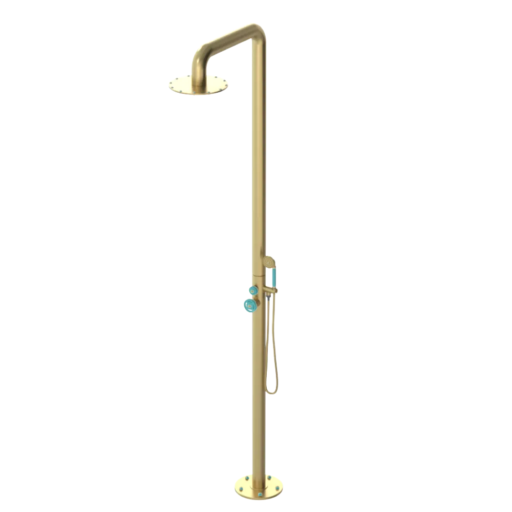 Rubinet Pressure Balance Outdoor Shower with Hand Held Shower & 10" Shower Head - 304 Stainless Steel Satin Gold