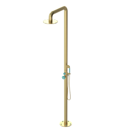 Rubinet Pressure Balance Outdoor Shower with Hand Held Shower & 10" Shower Head - 304 Stainless Steel Satin Gold