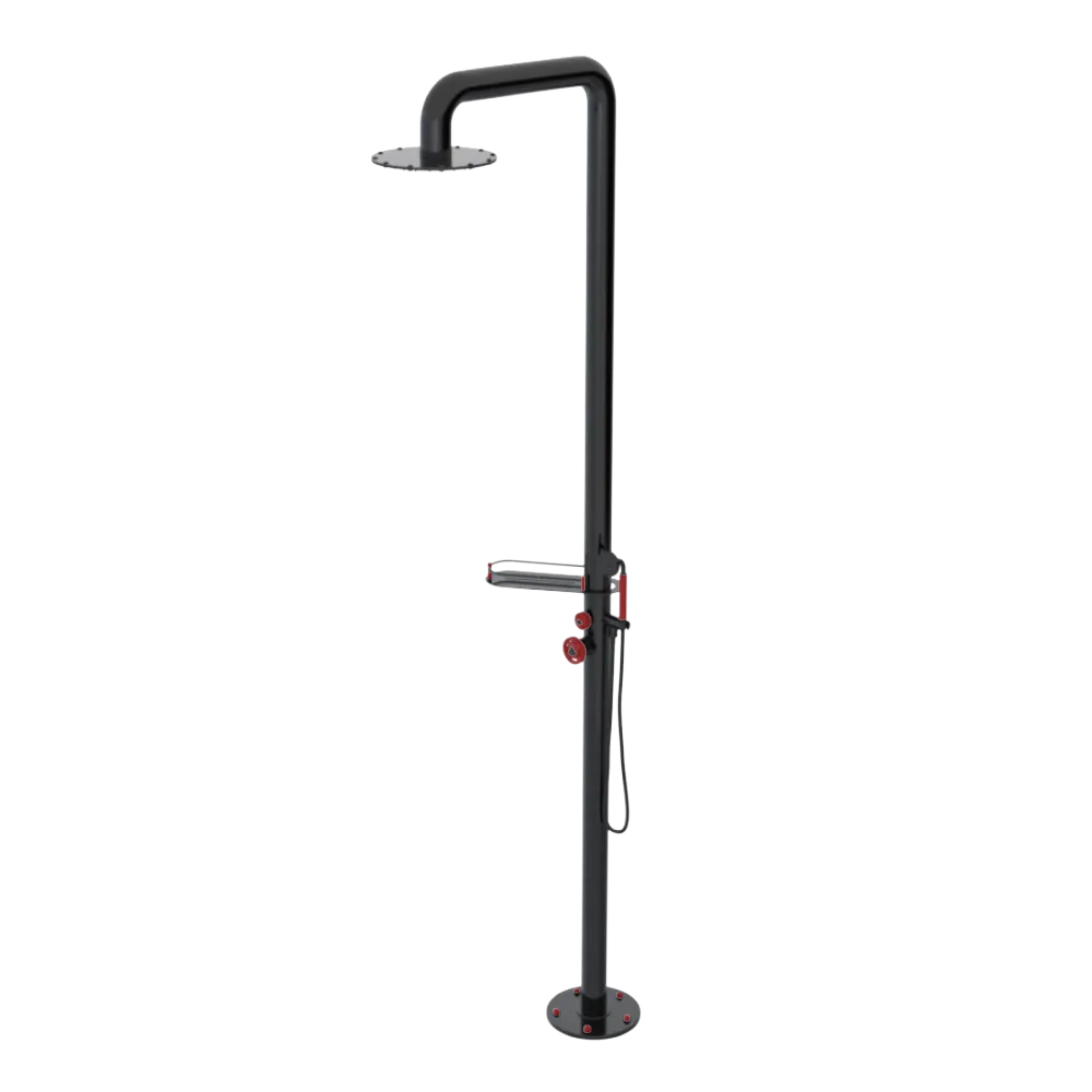 Rubinet Pressure Balance Outdoor Shower with Hand Held Shower & 10" Shower Head (with shelf) - 304 Stainless Steel Black