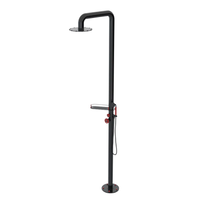 Rubinet Pressure Balance Outdoor Shower with Hand Held Shower & 10" Shower Head (with shelf) - 304 Stainless Steel Black