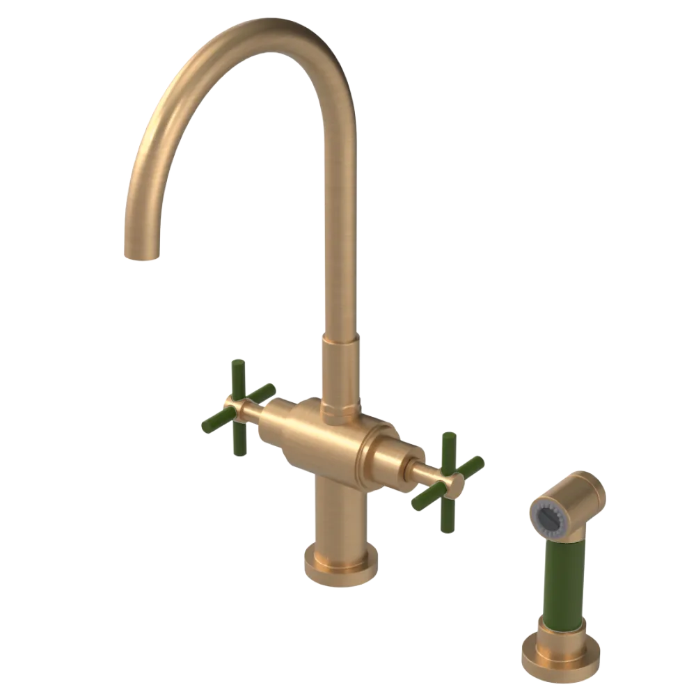 Rubinet Two Handle Single Hole Kitchen Set with LaSalle Spout with Hand Spray Satin Gold