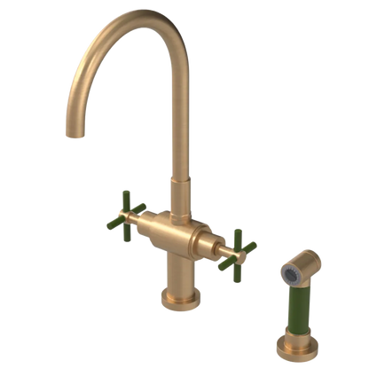 Rubinet Two Handle Single Hole Kitchen Set with LaSalle Spout with Hand Spray Satin Gold
