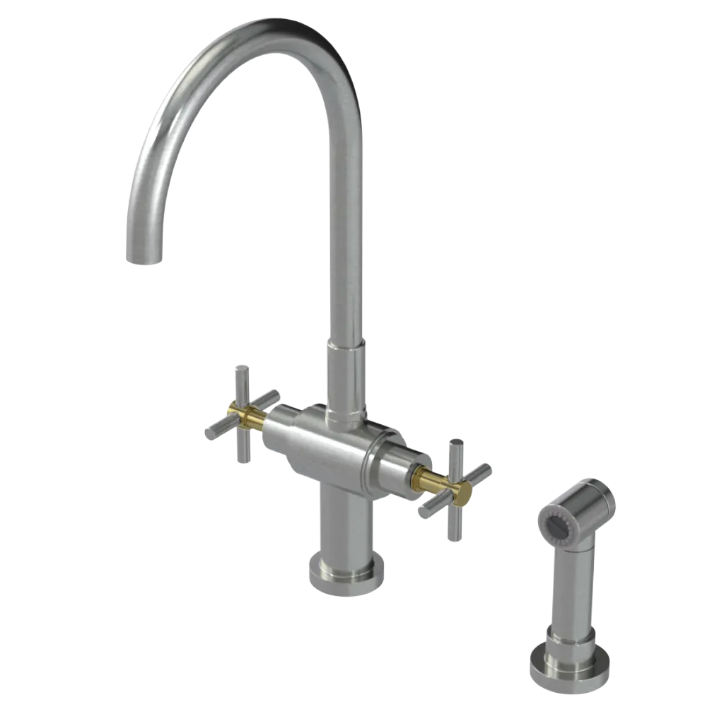 Rubinet Two Handle Single Hole Kitchen Set with LaSalle Spout with Hand Spray Satin Nickel