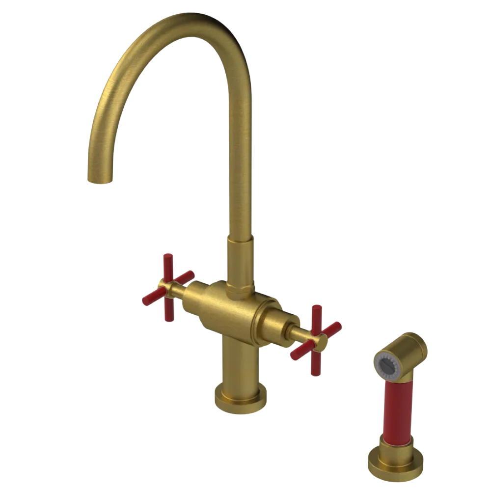 Rubinet Two Handle Single Hole Kitchen Set with LaSalle Spout with Hand Spray Antique Brass Matt