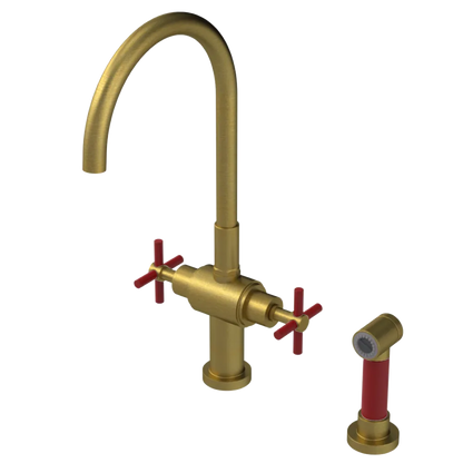 Rubinet Two Handle Single Hole Kitchen Set with LaSalle Spout with Hand Spray Antique Brass Matt