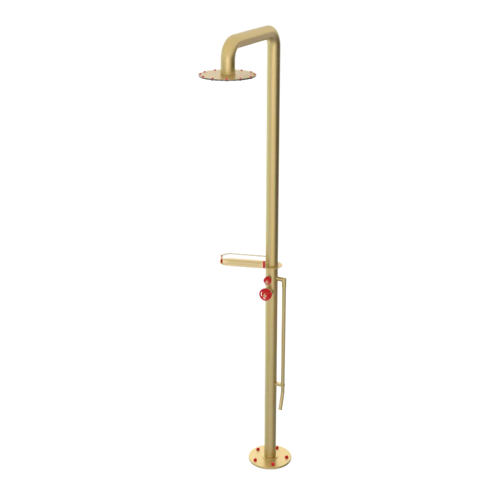 Rubinet Pressure Balance Outdoor Shower with Foot Rinse & 10" Shower Head (with shelf) - 304 Stainless Steel Satin Brass