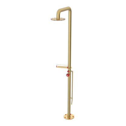 Rubinet Pressure Balance Outdoor Shower with Foot Rinse & 10" Shower Head (with shelf) - 304 Stainless Steel Satin Brass
