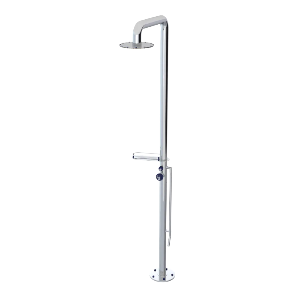 Rubinet Pressure Balance Outdoor Shower with Foot Rinse & 10" Shower Head (with shelf) - 304 Stainless Steel Chrome